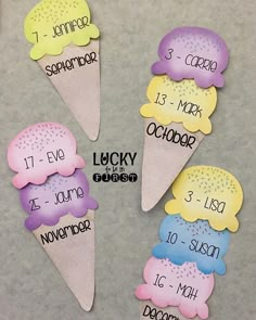 five ice cream cones with the names of each one in different colors and numbers on them