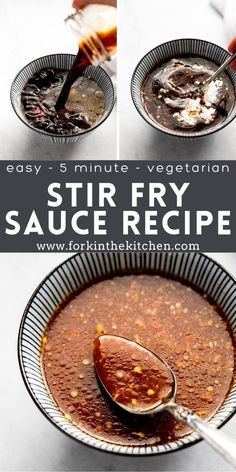 four pictures showing how to make stir fry sauce in a pan with spoons on the side