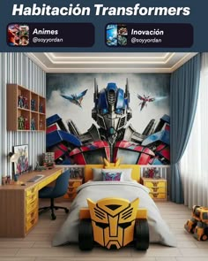 a bedroom with a bed, desk and wall mural in the shape of a transformer