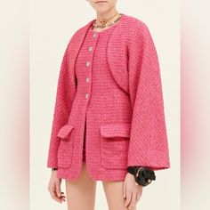 2022 Chanel Pink Bolero, Size 36, Spring/Summer Collection. Brand New With Tags Never Worn. Chanel Pantsuit, Luxury Pink Chic Cropped Jacket, Pink Bolero Jacket, Pink Chanel Tweed, Chanel Pink Cardigan, Luxury Pink Button-up Outerwear, Chanel Jacket, Pink Chanel, Sweater Jacket