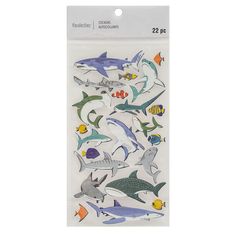 a pack of stickers with different types of sharks and fish on the back of it