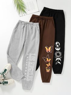 Multicolor    Polyester Letter,Butterfly  Embellished Slight Stretch Fall/Winter Women Bottoms Cute Sweatpants Outfit, Cute Sweatpants, Shein Outfits, Trendy Outfits For Teens, Cute Pants, Easy Trendy Outfits, Cute Simple Outfits, Really Cute Outfits, Sweat Pants