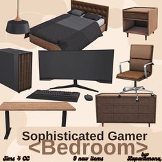 an advertisement for a bed room with furniture and accessories on it, including a computer desk