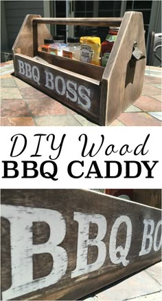 the diy wood bbq caddy is made from an old wooden box and has been