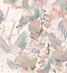 an abstract floral wallpaper design in pink, blue and green with dragon designs on it