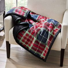 a plaid blanket sitting on top of a chair