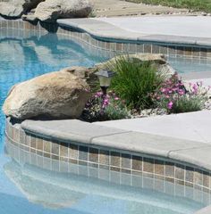 an outdoor swimming pool with rocks and flowers