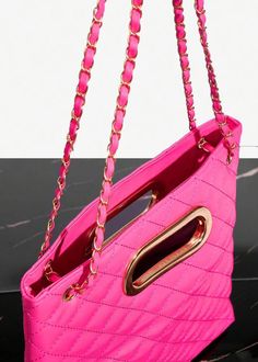 Expertly crafted with eco-friendly leather, this Rhombic Grid Convertible Bag seamlessly transforms from a functional shopper bag to a chic evening clutch. Its vibrant hot pink hue adds a pop of color to any outfit, while the chain-embellished shoulder strap provides a touch of glamour. Effortlessly switch between styles for any occasion. Material: Polyurethane Chic Bags With Chain Strap And Double Handle, Modern Shoulder Bag With Chain Strap For Shopping, Trendy Shoulder Bag Clutch For Night Out, Chic On-the-go Satchel Clutch, Top Handle Bag With Chain Strap For Night Out, Shopping Clutch Bag With Chain Strap, Crossbody Clutch With Chain Strap For Shopping, Trendy Travel Clutch With Chain Strap, Chain Strap Clutch Shoulder Bag For Shopping