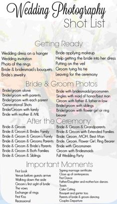 the wedding photography shot list is displayed in front of a table with flowers and greenery