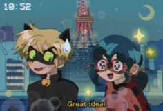 two anime characters standing next to each other in front of the eiffel tower