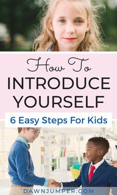 two children shaking hands with the text how to introduce yourself 6 easy steps for kids