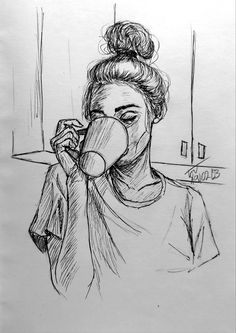 a black and white drawing of a woman drinking from a cup with her nose covered