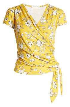 A faux-wrap front flatters on this soft and versatile jersey top cinched with a saucy tie at the hip. 23" length Surplice V-neck Short sleeves 95% rayon, 5% spandex Machine wash, dry flat Imported Top With Collar, Faux Wrap Top, Nordstrom Store, Jersey Top, Wrap Top, Sunflower, Floral Print, Floral Prints, Short Sleeves