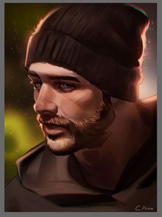 a digital painting of a man wearing a beanie and looking to his left with blue eyes