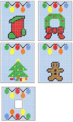 four cross stitch pictures with christmas decorations on them