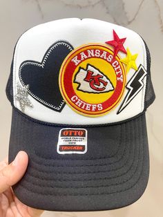 Calling all KC Chiefs fans! Trucker Hat Designs, Patch Hats, Kc Chiefs, Kansas City Chiefs, Baseball Caps, Trucker Hats, Hat Designs, Trucker Cap