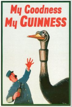 a poster with an ostrich standing next to a man wearing a blue uniform