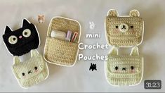 three crocheted pouches with cats on them