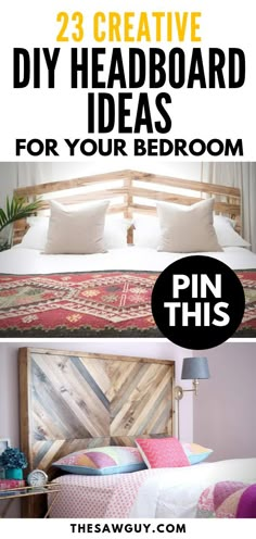 a bed with wooden headboard made out of pallets and pillows on the bottom