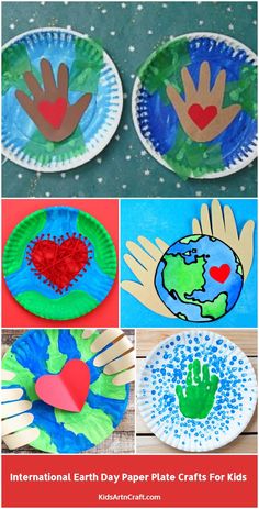 earth day paper plate crafts for kids with hands and hearts on them, including handprints