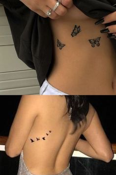 two pictures of a woman with butterflies on her back, and the same photo of a woman's stomach