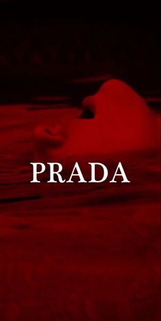 the word prada is written in white on a red background with water and rocks