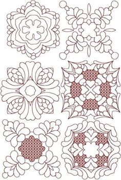 four different types of embroidery designs on a white background, one is red and the other has