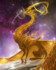 a golden dragon is standing on the edge of a cliff in front of some stars