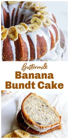 a banana bundt cake with white icing and sliced bananas