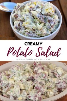 creamy potato salad in a white bowl on a wooden table with text overlay that reads creamy potato salad