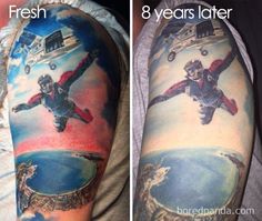 a man's arm with an image of a person flying through the sky on his back