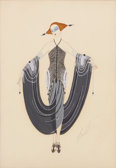 a drawing of a woman in a dress with feathers on her head and hands behind her back