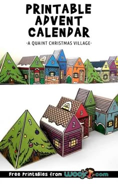 the printable calendar is designed to look like houses with christmas trees on each side