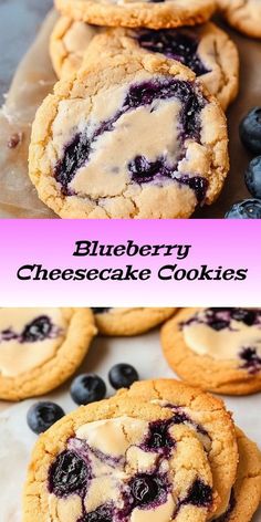 blueberry cheesecake cookies are stacked on top of each other and ready to be eaten