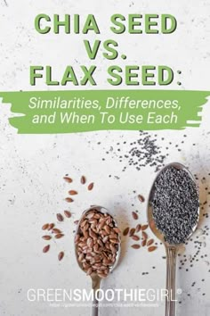 chia seeds and flax seed on spoons with text that reads, chia seed vs flax seed similarities differences, differences, differences, and when to use each