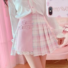 Sakura Skirt, Kawaii Skirt, Korean Skirt, Style Kawaii, Patchwork Skirt, Flower Skirt, Plaid Mini Skirt, Kawaii Clothes, Cute Skirts