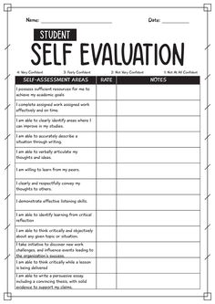 student self evaluation form is shown in this file for students to practice self - awareness