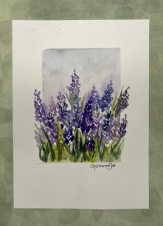 a watercolor painting of purple flowers on white paper with green and gray background,