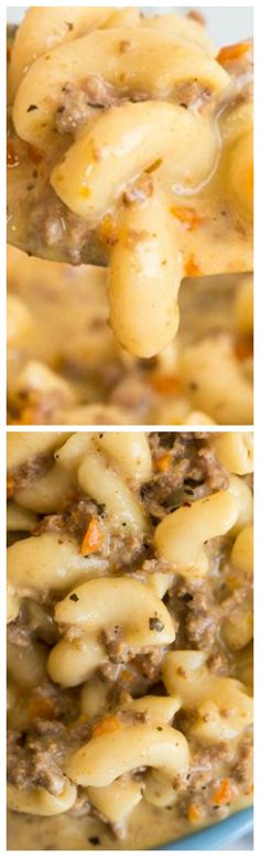 three different pictures of pasta with meat and cheese