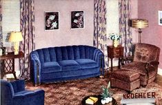 a living room with blue couches and chairs