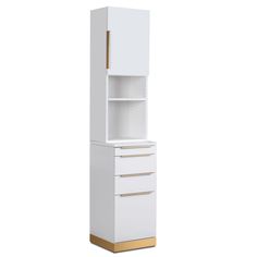 a tall white cabinet with gold trimmings on the doors and bottom shelf, against a white background