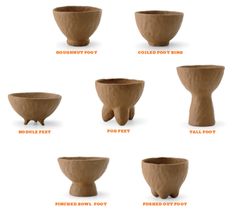 six clay bowls with feet and legs are shown in different positions to show how they're made