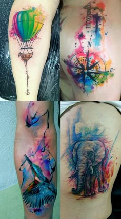 four different pictures of colorful tattoos on the arms and legs, including an elephant with a hot air balloon in its trunk