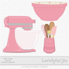 a pink mixer, whisk and other kitchen utensils