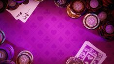 playing cards and casino chips on a purple background with room for text or image in the center