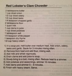 the recipe for red lobster clam chowder is shown in black and white text