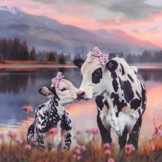 a cow and calf standing next to each other in front of a body of water