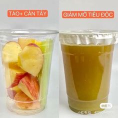 two plastic cups filled with different types of fruit and veggies in each cup