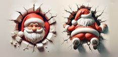 two santa clauses breaking through the wall with each other's head and arms