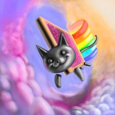 a cat flying through the air with a rainbow in the background